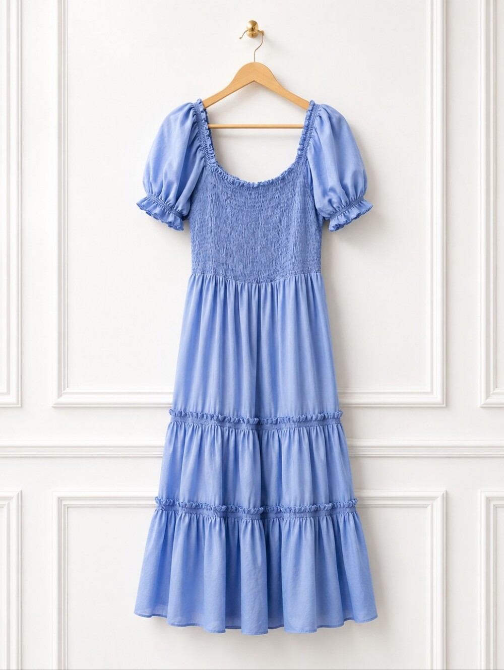 KIRUNDO Light Blue Smocked Tiered Maxi Dress Size L | Puff Sleeve Cottagecore - Picture 5 of 8